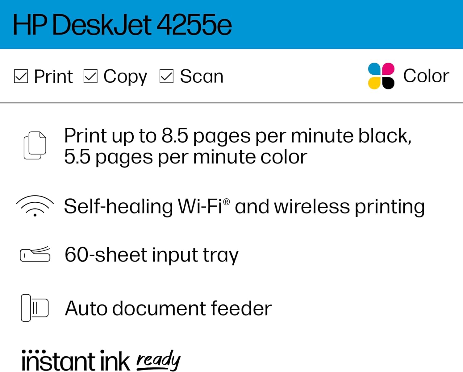 HP DeskJet 4255e Wireless All-in-One Color Inkjet Printer, Scanner, Copier, Best-for-Home, 3 Months of Ink Included (588S6A) - Image 2