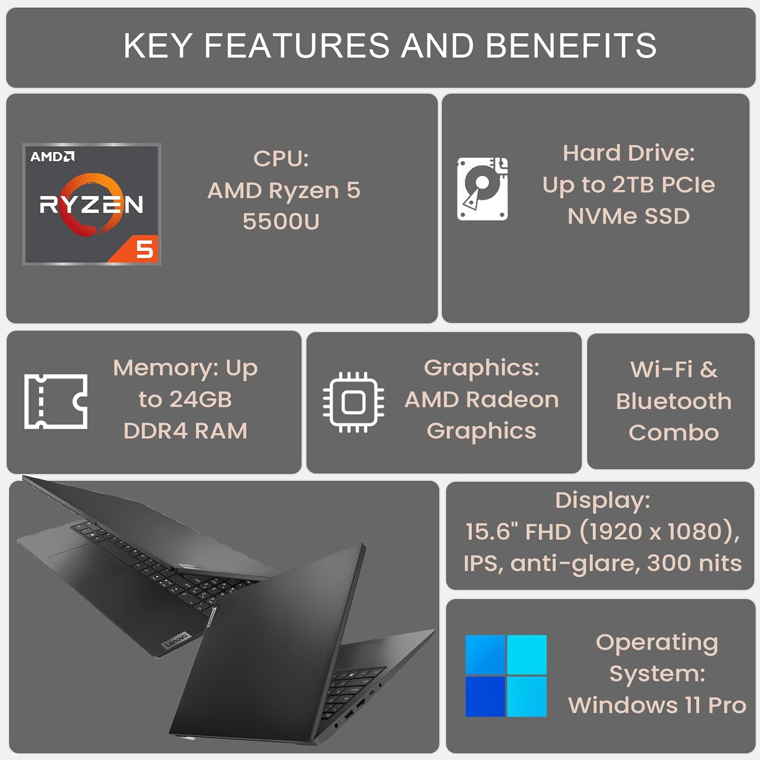 Lenovo V15 Gen 4 Business Laptop, 15.6" FHD Screen, AMD Ryzen 5 5500U, 24GB RAM, 2TB SSD, Webcam, HDMI, Wi-Fi, Windows 11 Pro, Black - Image 6