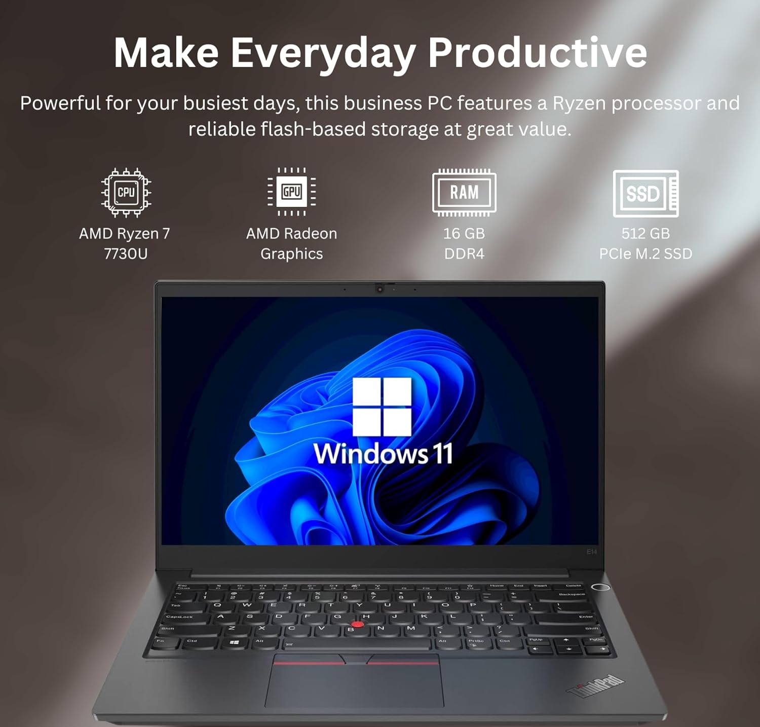 Lenovo ThinkPad E14 Gen 5 Business Laptop, 14" FHD+ Display, AMD Ryzen 7 7730U (Beat i7-1255U), 16GB RAM, 512GB SSD, FP Reader, Backlit Keyboard, HDMI, RJ45, Wi-Fi 6, Windows 11 Pro, Black - Image 2