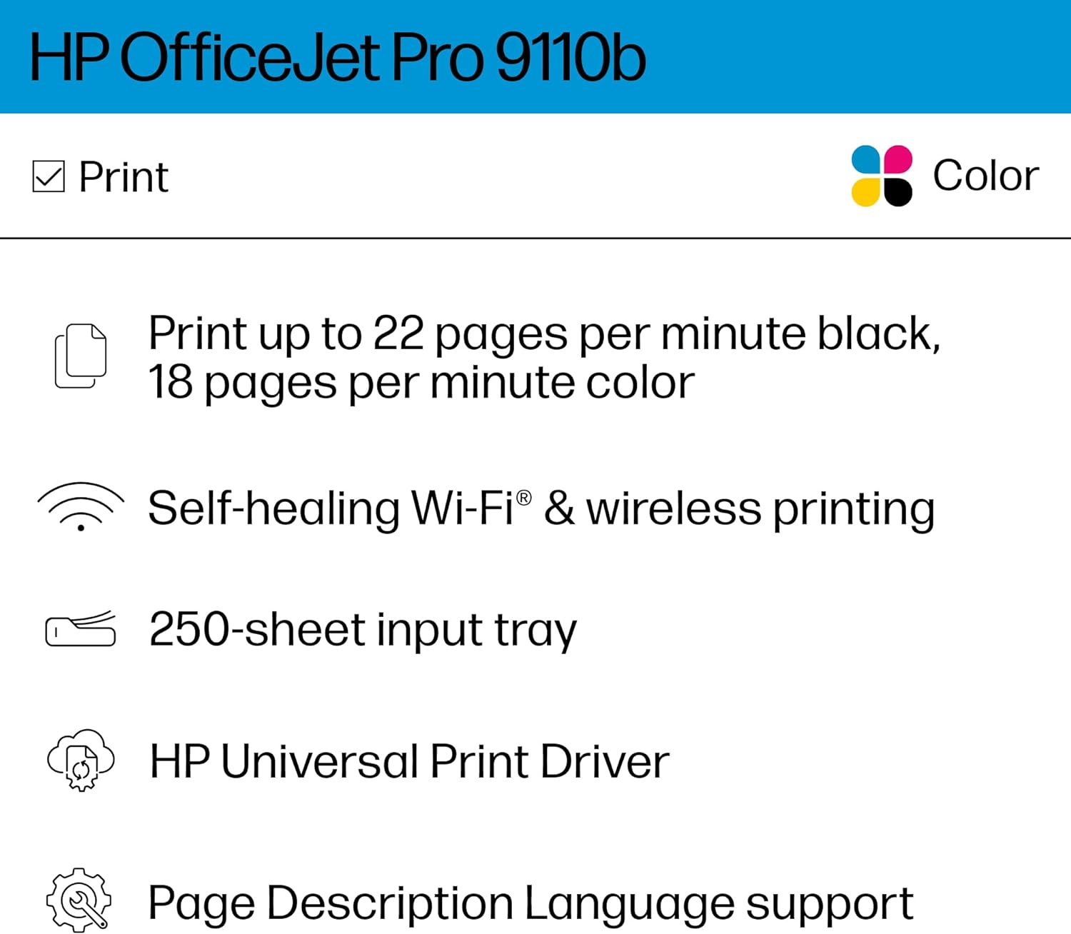 HP OfficeJet Pro 9110b Wireless Color Inkjet Printer, Print, Duplex Printing Best-for-Office (5A0S1A) - Image 2
