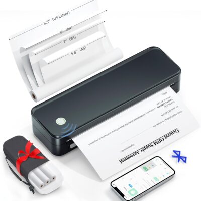 Inkless Portable Printer for Travel, Wireless Thermal Printer Supports 8.5 x 11 Inch US Letter Size, Includes Carry Case and 3 Rolls of Thermal Paper Kit, Black